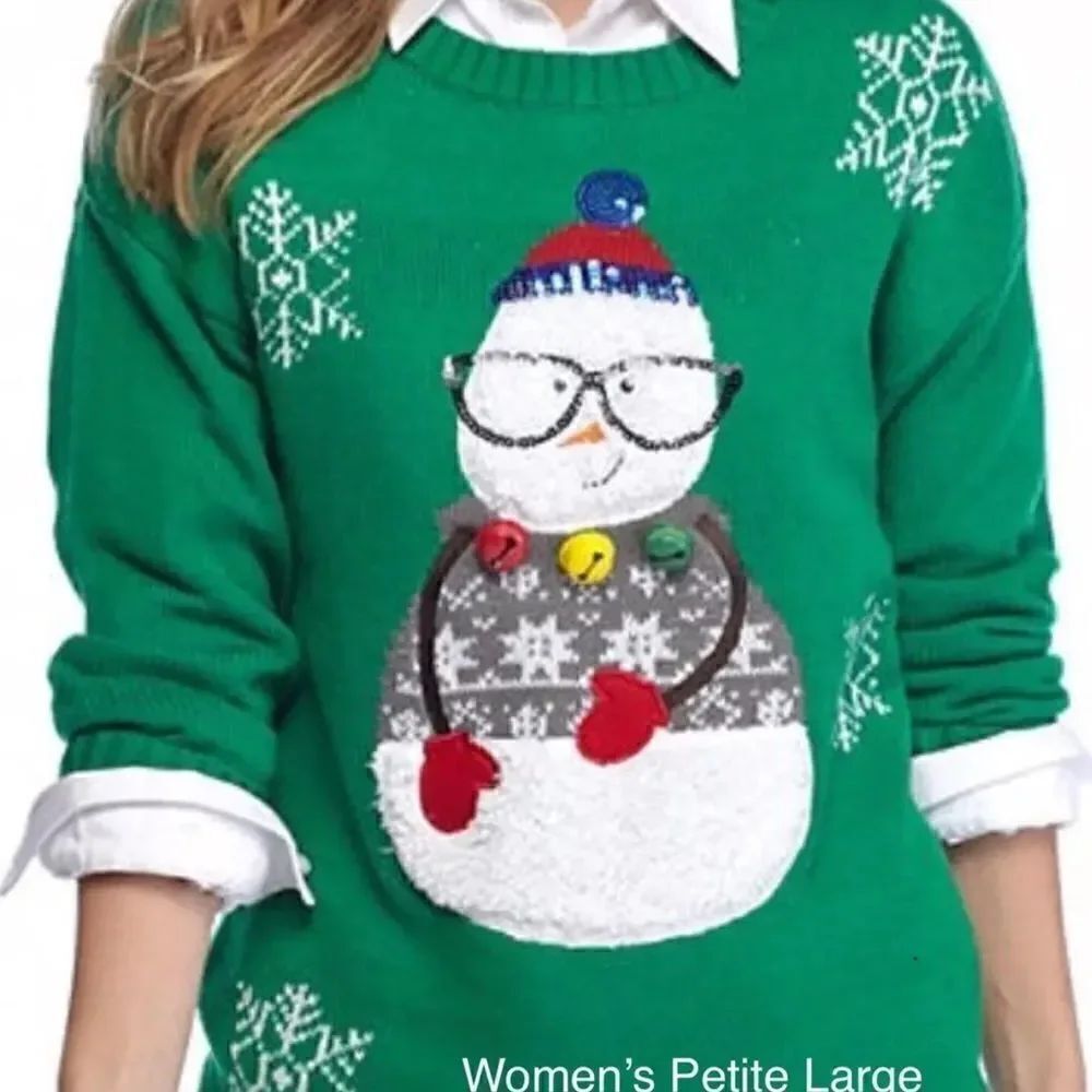 Women’s Petite Large Snowman With glasses Sweater